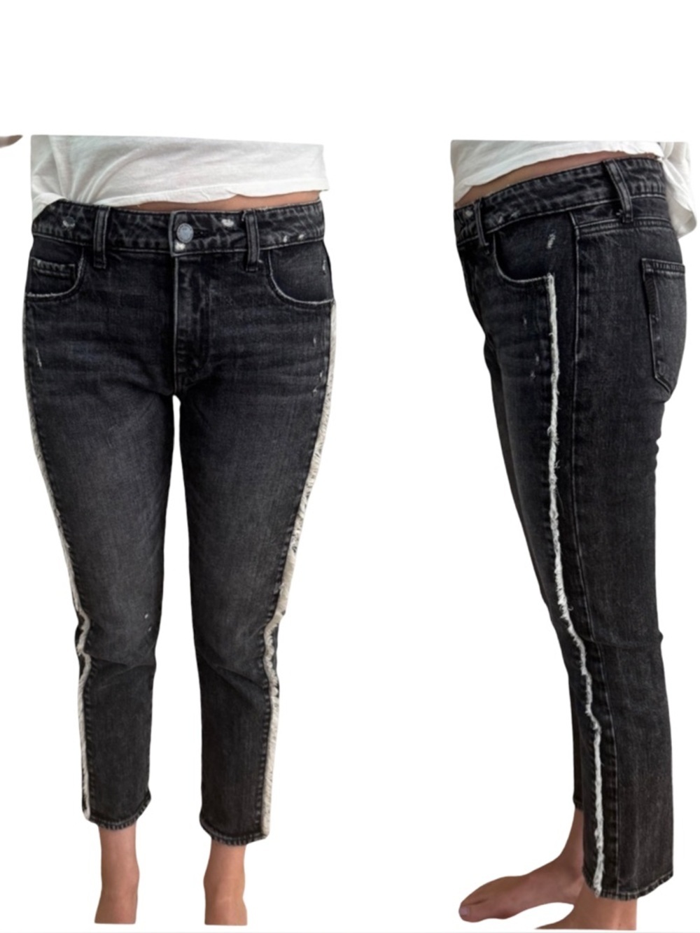PAIGE Brigitte Fringe Trimmed Mid-Rise Slim Jeans Black Size 27 - Picture 1 of 16